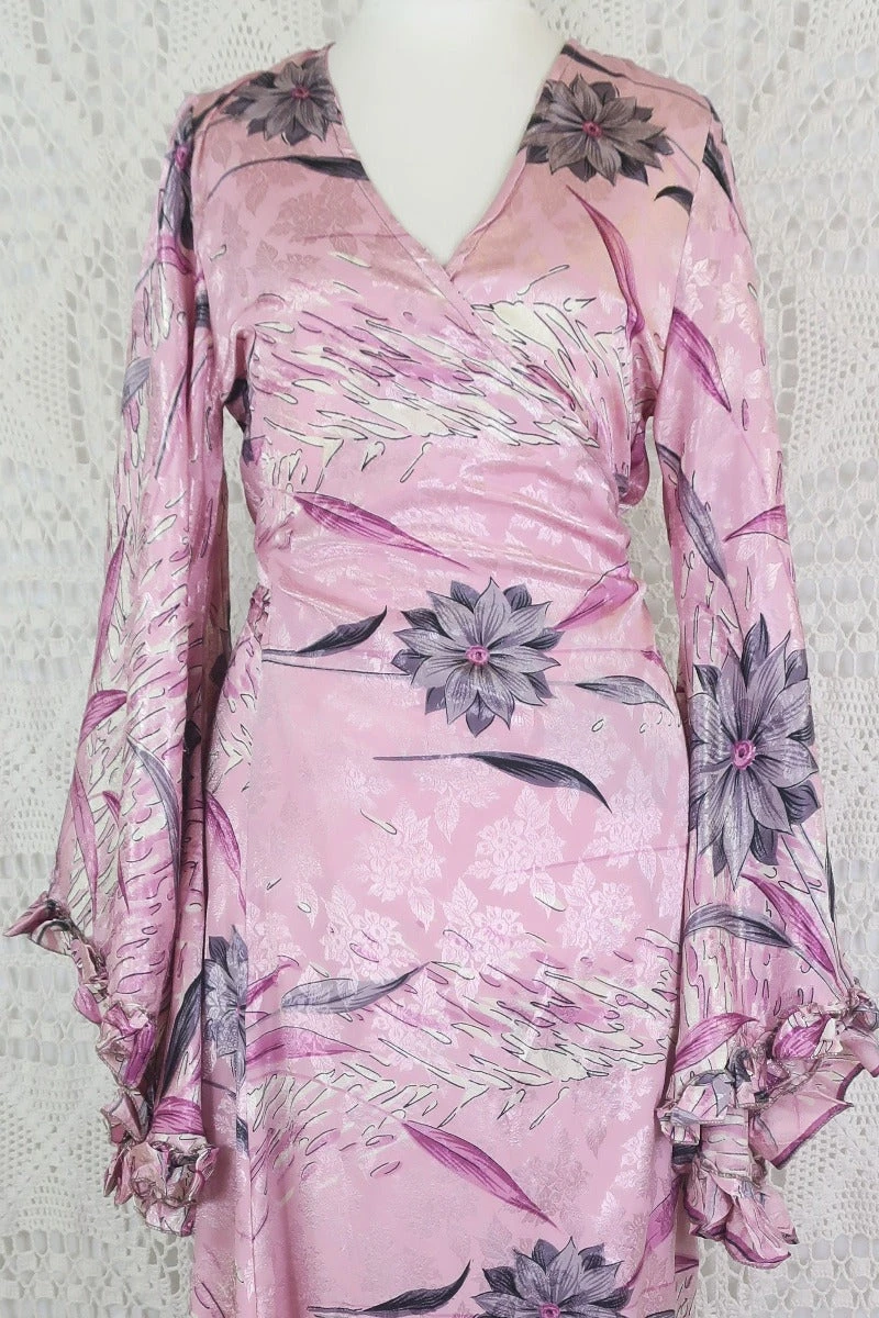 Venus Maxi Wrap Dress - Sunrise Rose & Silver Floral Jacquard - Vintage Indian Sari - XS - S/M 2 Venus Maxi Wrap Dress - Sunrise Rose & Silver Floral Jacquard - Vintage Indian Sari - XS - S/M - Image 2