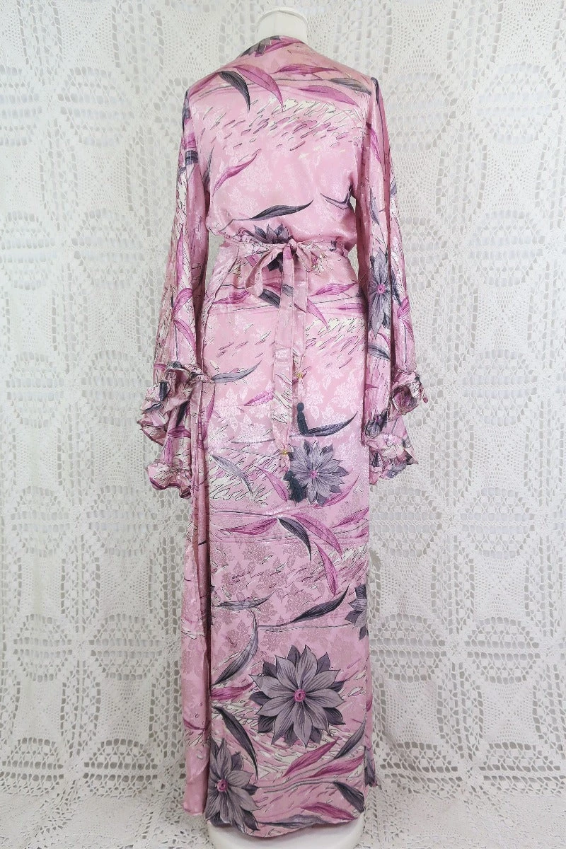 Venus Maxi Wrap Dress - Sunrise Rose & Silver Floral Jacquard - Vintage Indian Sari - XS - S/M 5 Venus Maxi Wrap Dress - Sunrise Rose & Silver Floral Jacquard - Vintage Indian Sari - XS - S/M - Image 5