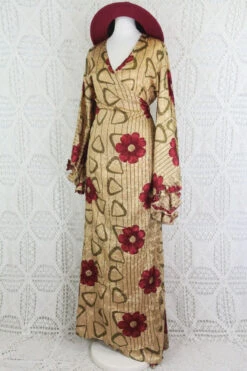 Venus Maxi Wrap Dress - Parchment & Ruby Floral Shimmer - Vintage Indian Sari - XS - S/M -KIKIS Clothing Shop IMG 6187 3