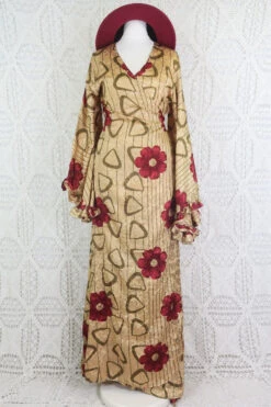 Venus Maxi Wrap Dress - Parchment & Ruby Floral Shimmer - Vintage Indian Sari - XS - S/M -KIKIS Clothing Shop IMG 6191 2
