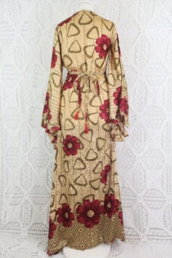 Venus Maxi Wrap Dress - Parchment & Ruby Floral Shimmer - Vintage Indian Sari - XS - S/M -KIKIS Clothing Shop IMG 6198 2