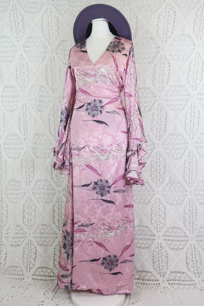 Venus Maxi Wrap Dress - Sunrise Rose & Silver Floral Jacquard - Vintage Indian Sari - XS - S/M 3 Venus Maxi Wrap Dress - Sunrise Rose & Silver Floral Jacquard - Vintage Indian Sari - XS - S/M - Image 3