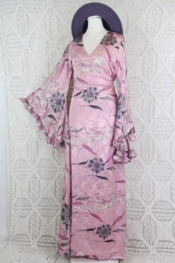 Venus Maxi Wrap Dress - Sunrise Rose & Silver Floral Jacquard - Vintage Indian Sari - XS - S/M