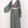 Rosemary Maxi Dress - Vintage Indian Sari - Emerald & Magenta Peacock Illustrations - XS/S