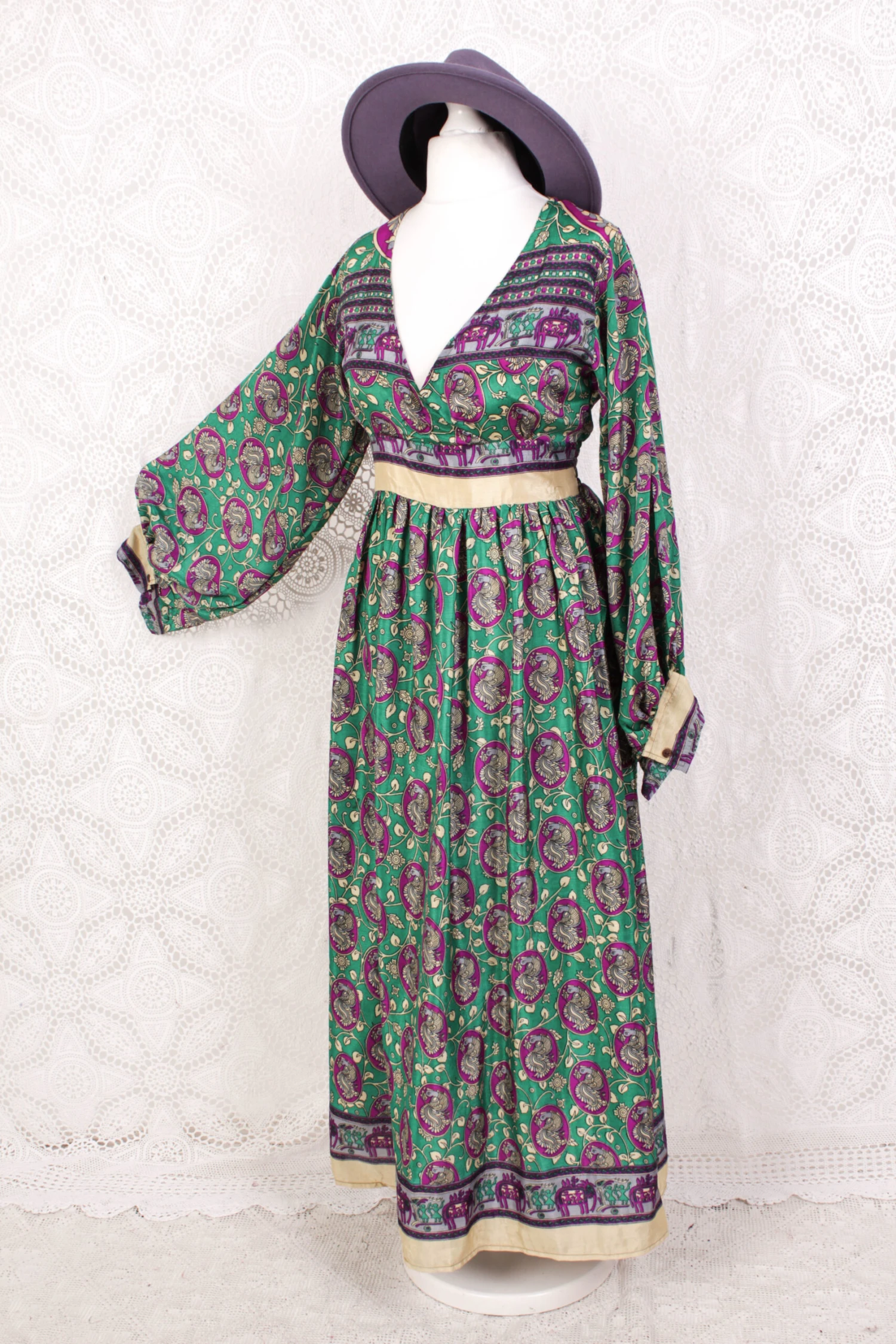 Rosemary Maxi Dress - Vintage Indian Sari - Emerald & Magenta Peacock Illustrations - XS/S 1 Rosemary Maxi Dress - Vintage Indian Sari - Emerald & Magenta Peacock Illustrations - XS/S