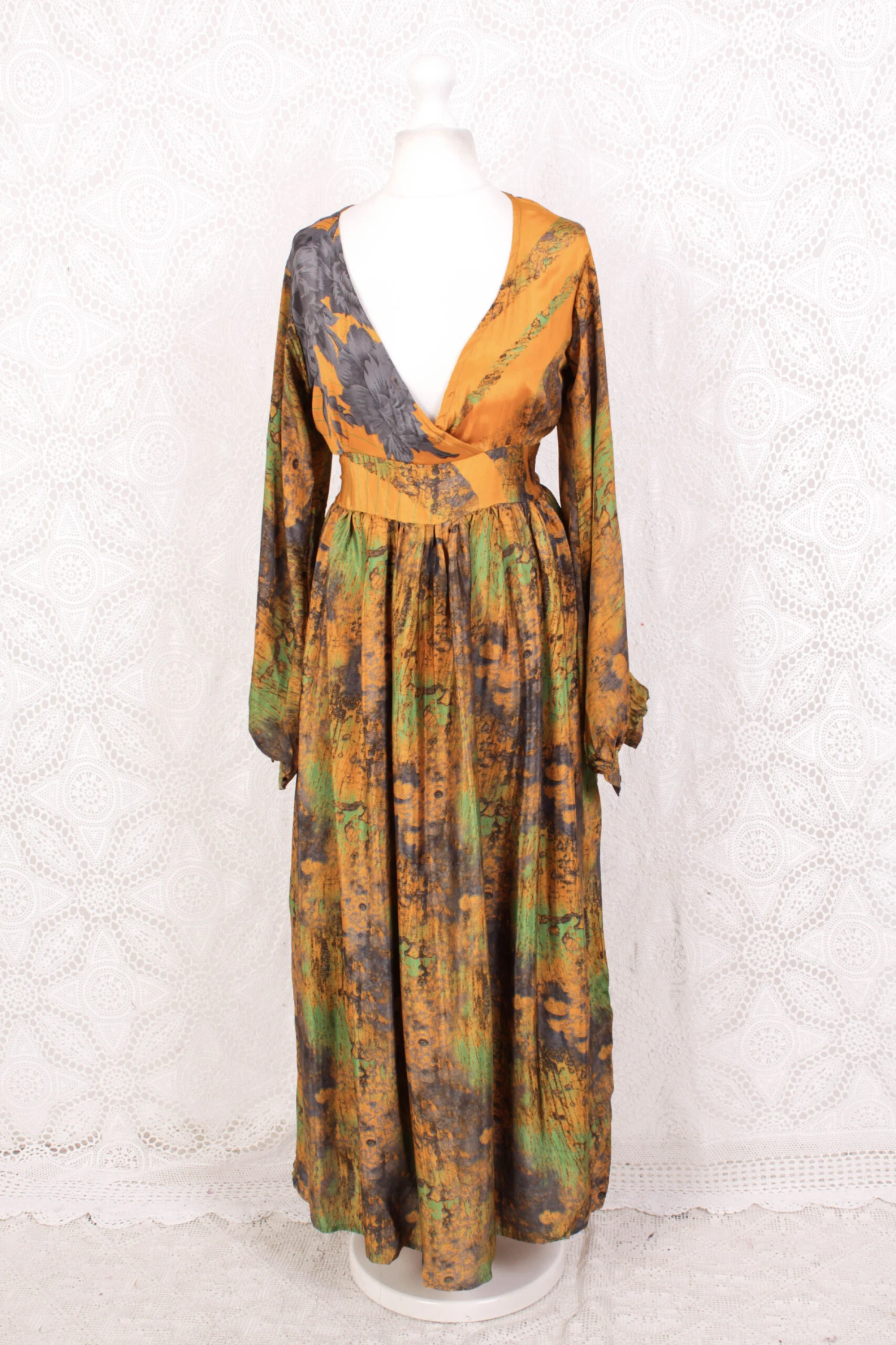 Rosemary Maxi Dress - Vintage Indian Sari - Mustard, Slate & Green Abstract -XS/S 2 Rosemary Maxi Dress - Vintage Indian Sari - Mustard, Slate & Green Abstract -XS/S - Image 2