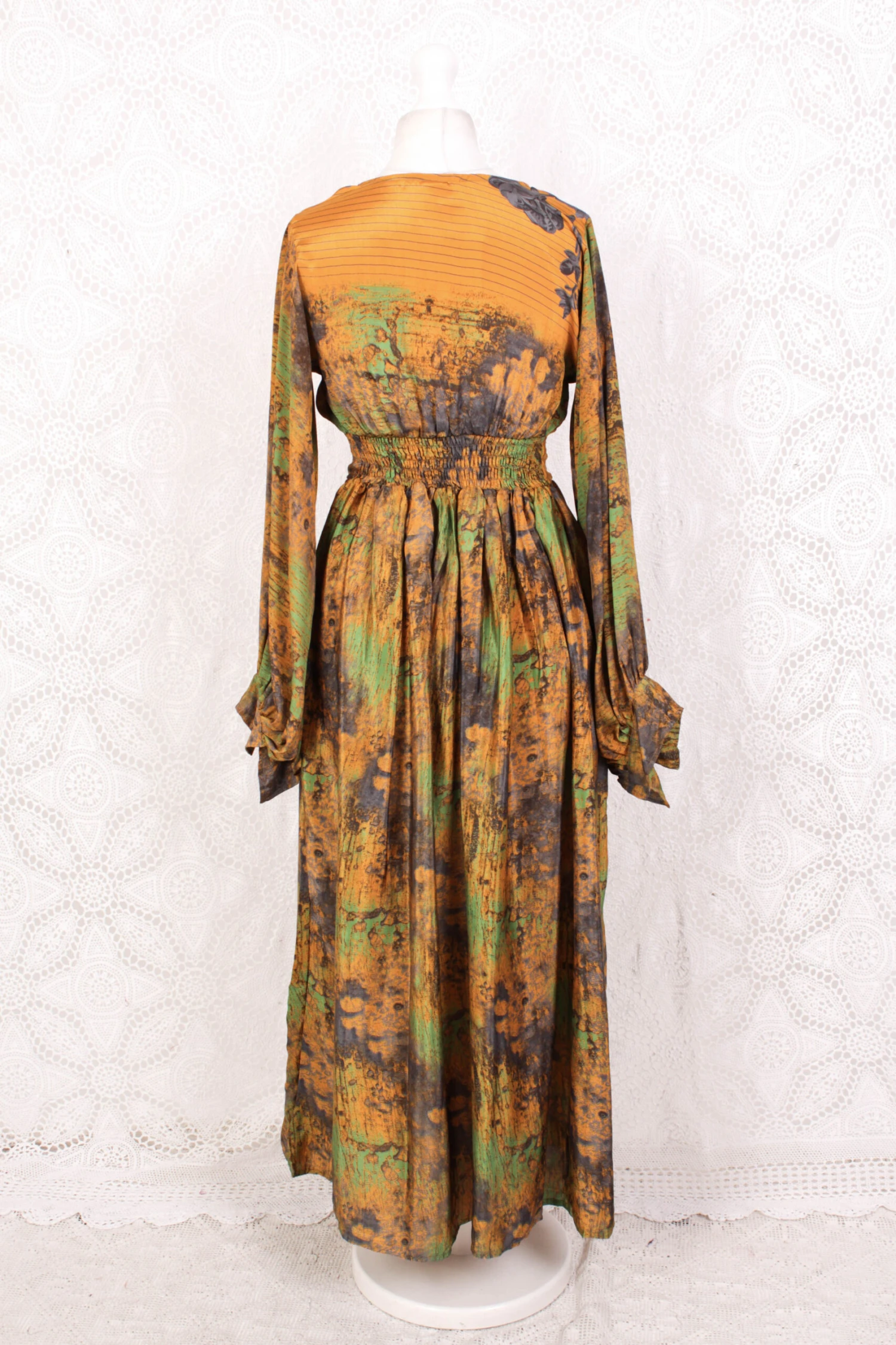 Rosemary Maxi Dress - Vintage Indian Sari - Mustard, Slate & Green Abstract -XS/S 4 Rosemary Maxi Dress - Vintage Indian Sari - Mustard, Slate & Green Abstract -XS/S - Image 4