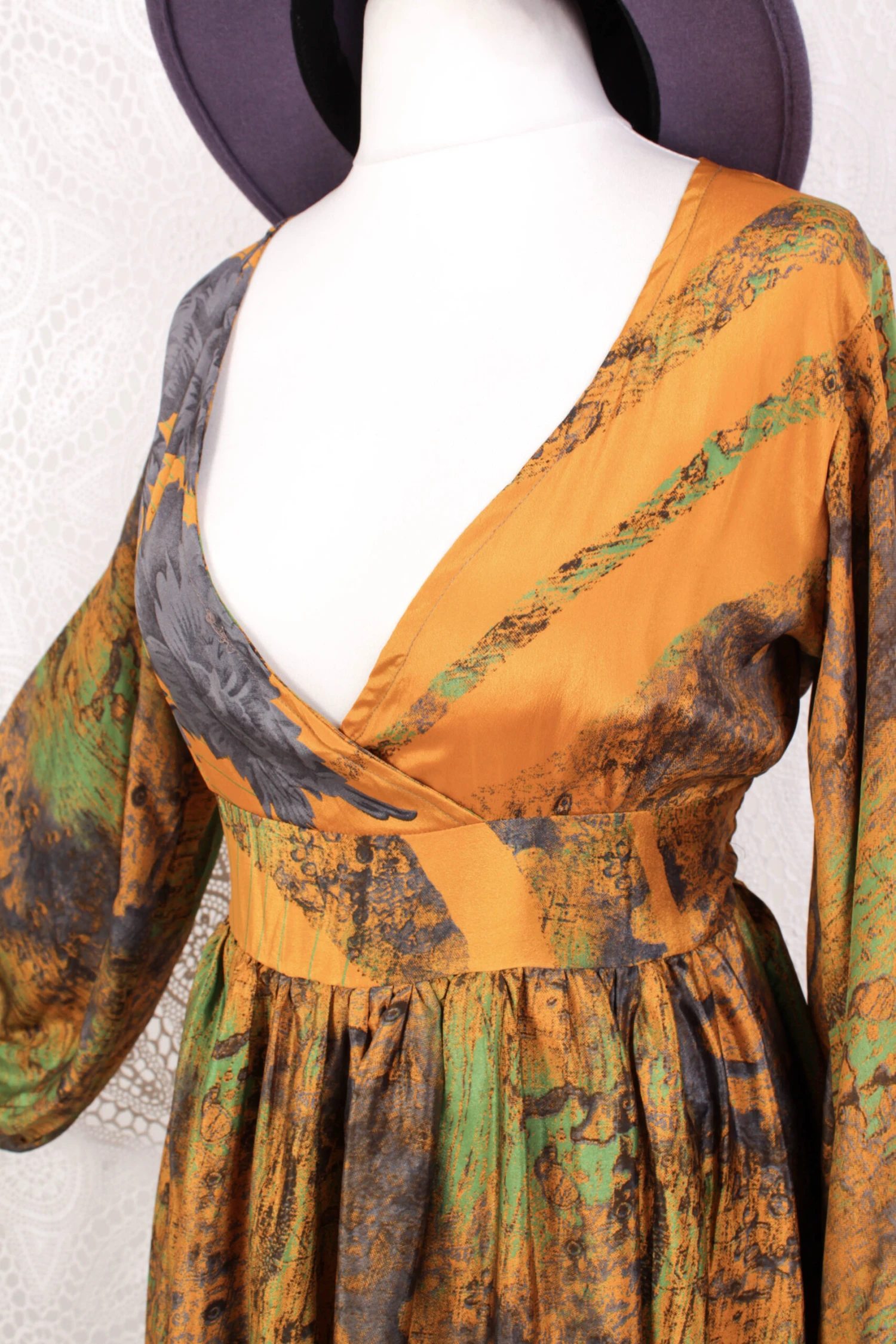 Rosemary Maxi Dress - Vintage Indian Sari - Mustard, Slate & Green Abstract -XS/S 3 Rosemary Maxi Dress - Vintage Indian Sari - Mustard, Slate & Green Abstract -XS/S - Image 3