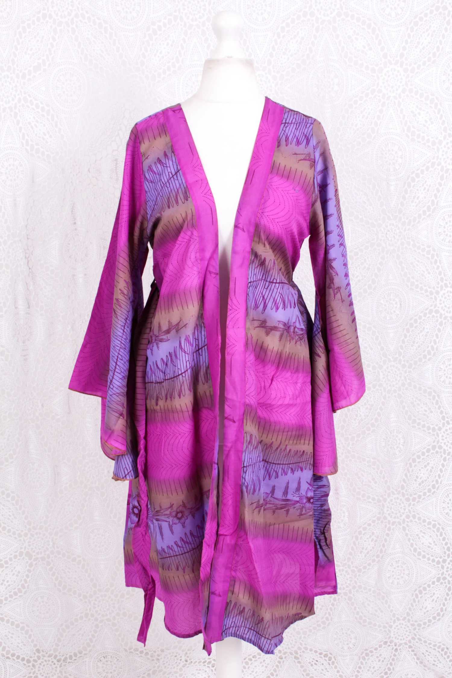 Gemini Bell Sleeve Midi Kimono/Dress - Sheer Orchid & Lilac Floral Vintage Sari - Size M/L 2 Gemini Bell Sleeve Midi Kimono/Dress - Sheer Orchid & Lilac Floral Vintage Sari - Size M/L - Image 2
