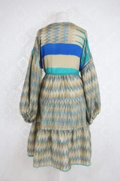 Gypsophila Mini Dress - Vintage Indian Sari - Gold & Sea Blue Graphic - S/M 13 Gypsophila Mini Dress - Vintage Indian Sari - Gold & Sea Blue Graphic - S/M -KIKIS Clothing Shop IMG 6364b