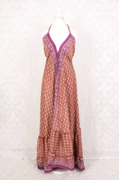 Blossom Maxi Halter Dress - Vintage Indian Sari - Soft Clay & Purple Graphic Print - Free Size -KIKIS Clothing Shop IMG 6365 1905aa12 7549 4012 8343 cf80b8ddc687