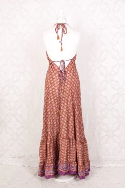 Blossom Maxi Halter Dress - Vintage Indian Sari - Soft Clay & Purple Graphic Print - Free Size -KIKIS Clothing Shop IMG 6366 92ca8581 99d5 47d9 85d3 5d8e72689e2b