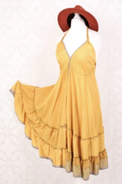 Blossom Mini Halter Dress - Vintage Indian Sari - Soft Yellow & Dijon Twinkle - S/M
