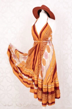Blossom Mini Halter Dress - Vintage Indian Sari - Ivory & Sunset Indian Motif - XL