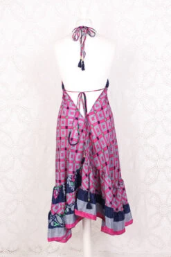 Blossom Mini Halter Dress - Vintage Indian Sari - Moonlight, Inky Blue & Pink Graphic - XL -KIKIS Clothing Shop IMG 6467 42045579 7378 4840 a162 c4cedb4027e7