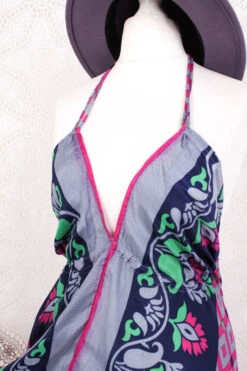Blossom Mini Halter Dress - Vintage Indian Sari - Moonlight, Inky Blue & Pink Graphic - XL -KIKIS Clothing Shop IMG 6472 02c46bfa 4dce 4b0c a98a e272f1fcd4ca