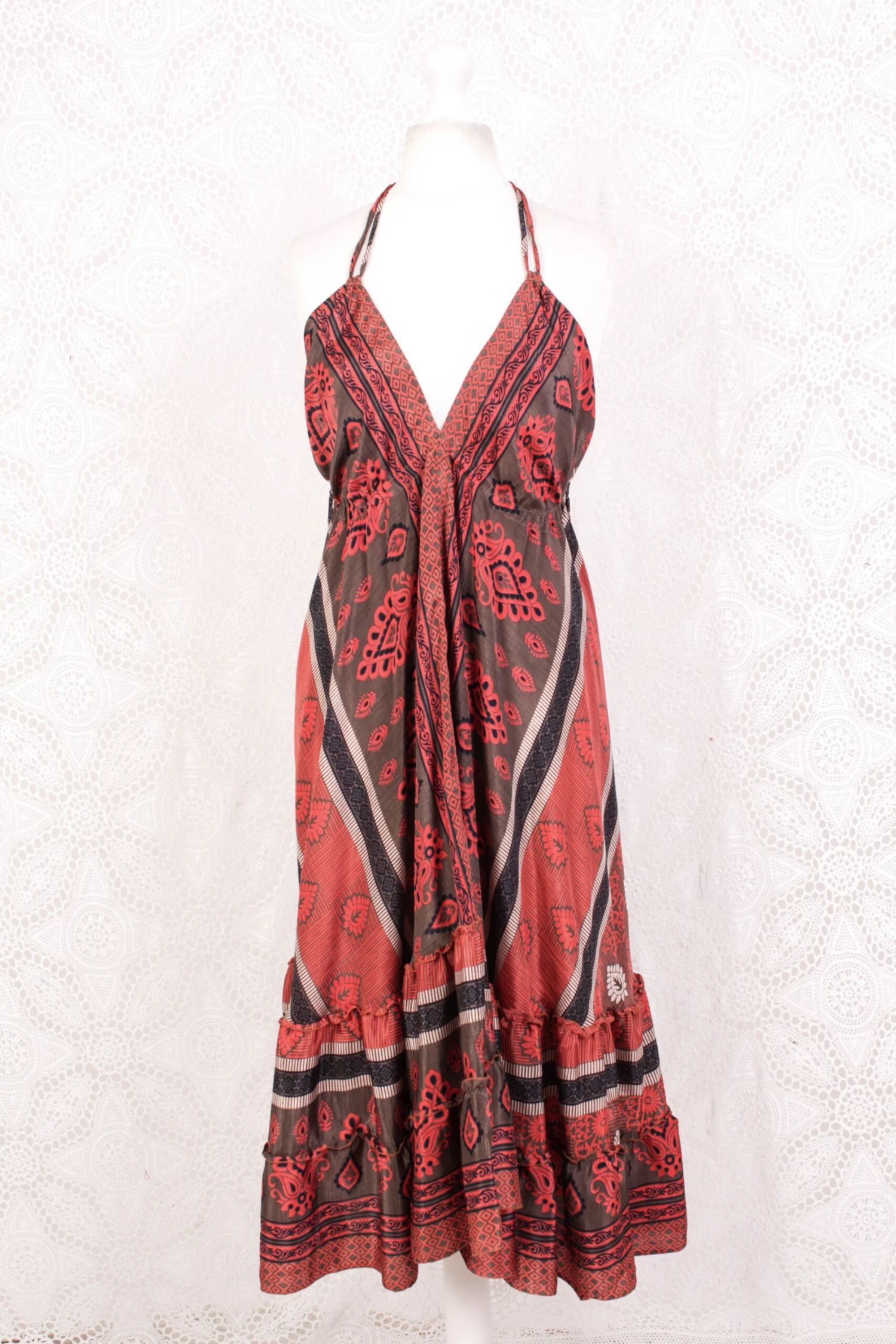 Blossom Mini Halter Dress - Vintage Indian Sari - Hazelwood & Coral Floral Paisley - XL 2 Blossom Mini Halter Dress - Vintage Indian Sari - Hazelwood & Coral Floral Paisley - XL - Image 2