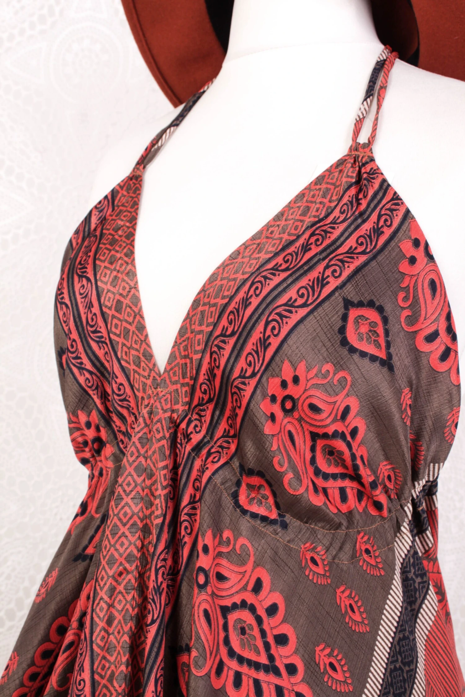 Blossom Mini Halter Dress - Vintage Indian Sari - Hazelwood & Coral Floral Paisley - XL 4 Blossom Mini Halter Dress - Vintage Indian Sari - Hazelwood & Coral Floral Paisley - XL - Image 4