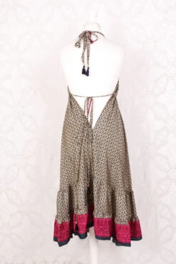 Blossom Mini Halter Dress - Vintage Indian Sari - Sand, Indigo & Pink Graphic - XL -KIKIS Clothing Shop IMG 6502 c34548ef c420 4ce5 b56b 0fa04c86541f