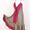 Blossom Mini Halter Dress - Vintage Indian Sari - Sand, Indigo & Pink Graphic - XL