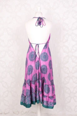 Blossom Mini Halter Dress - Vintage Indian Sari - Pink Rose & Teal Floral Motif - XL -KIKIS Clothing Shop IMG 6510 fe7ed65b af76 4874 8abf 68b13a49b917
