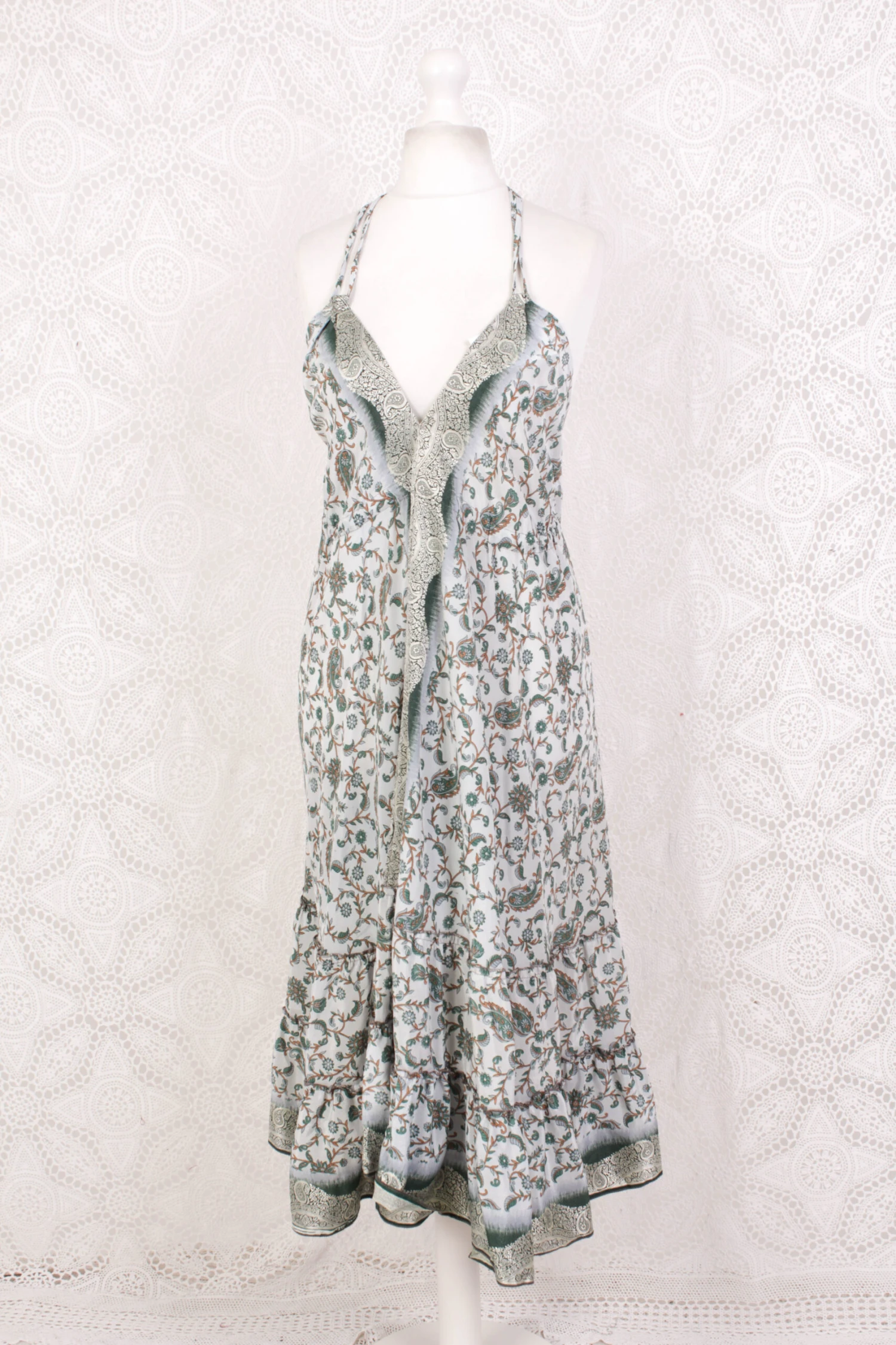 Blossom Mini Halter Dress - Vintage Indian Sari - Crisp Frost, Pine & White Gold Paisley Embroidery - S/M 2 Blossom Mini Halter Dress - Vintage Indian Sari - Crisp Frost, Pine & White Gold Paisley Embroidery - S/M - Image 2