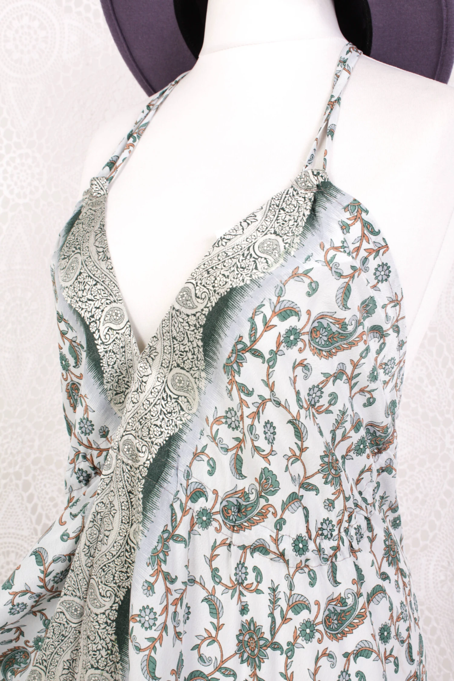 Blossom Mini Halter Dress - Vintage Indian Sari - Crisp Frost, Pine & White Gold Paisley Embroidery - S/M 4 Blossom Mini Halter Dress - Vintage Indian Sari - Crisp Frost, Pine & White Gold Paisley Embroidery - S/M - Image 4