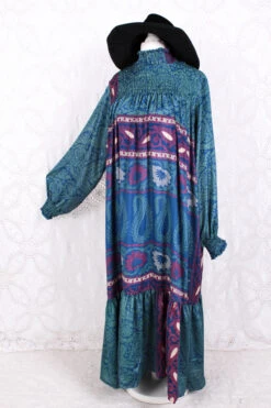 Mona Maxi Dress - Vintage Indian Sari - Cornflower, Fuchsia & Jade Floral Paisley - Free Size