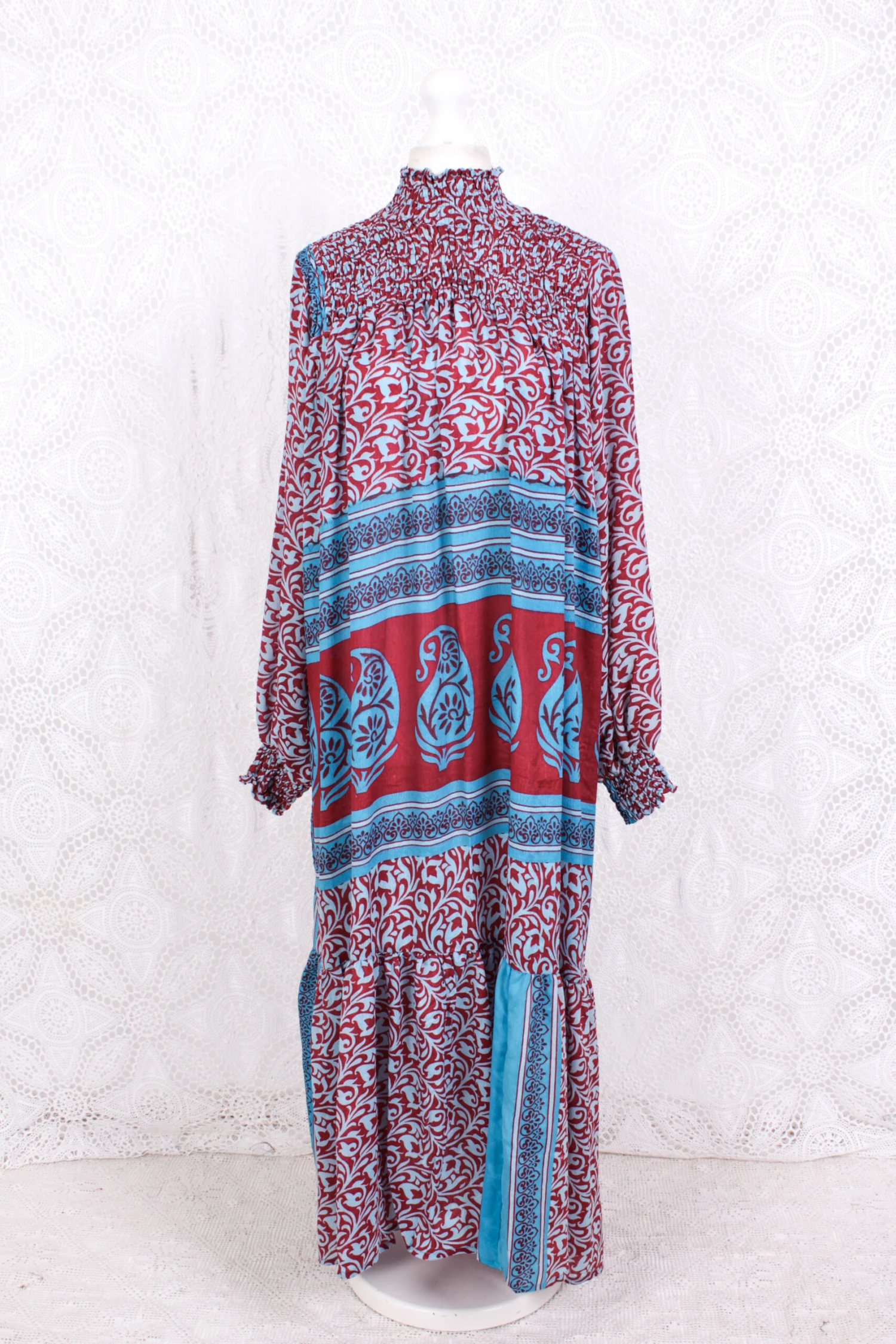 Mona Maxi Dress - Vintage Indian Sari - Berry & Carolina Paisley Nouveau - Free Size 2 Mona Maxi Dress - Vintage Indian Sari - Berry & Carolina Paisley Nouveau - Free Size - Image 2