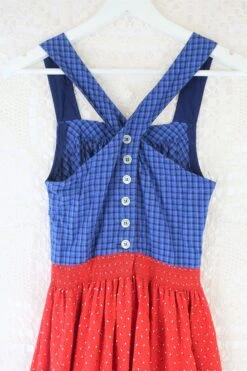 Adorable Vintage Cross-Over Back Pinafore Dress - Blue Tartan & Red Floral - XXS -KIKIS Clothing Shop IMG 6581 2