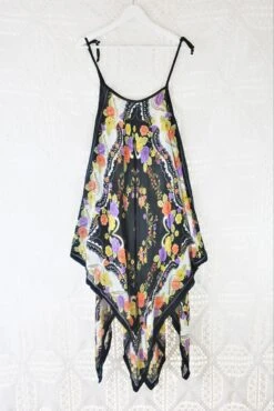 70's Vintage - Floral Handkerchief Dress - Black & Pink Roses - Size M