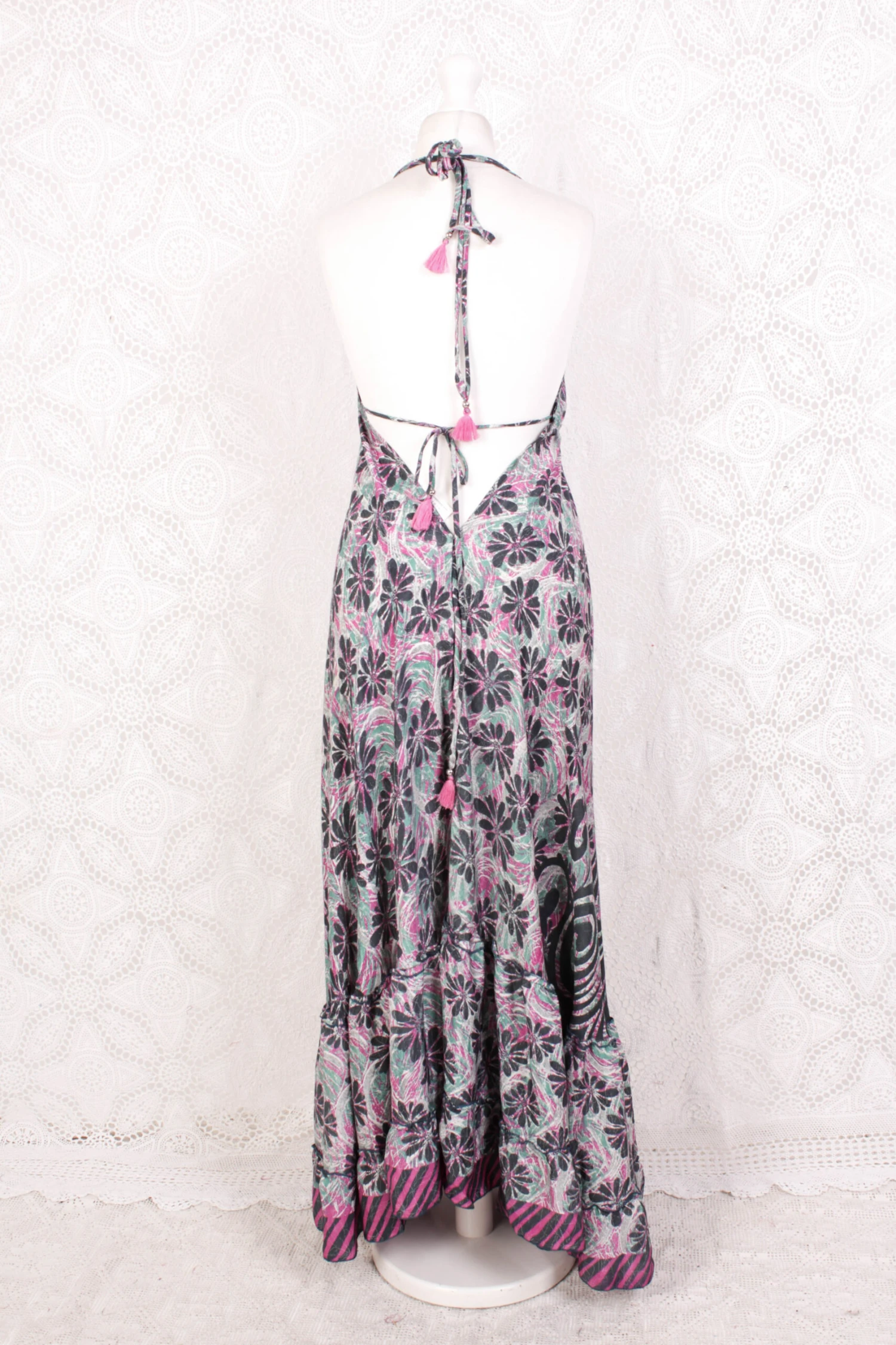 Blossom Maxi Halter Dress - Vintage Indian Sari - Graphite, Pink & Mint Floral - Free Size 3 Blossom Maxi Halter Dress - Vintage Indian Sari - Graphite, Pink & Mint Floral - Free Size - Image 3
