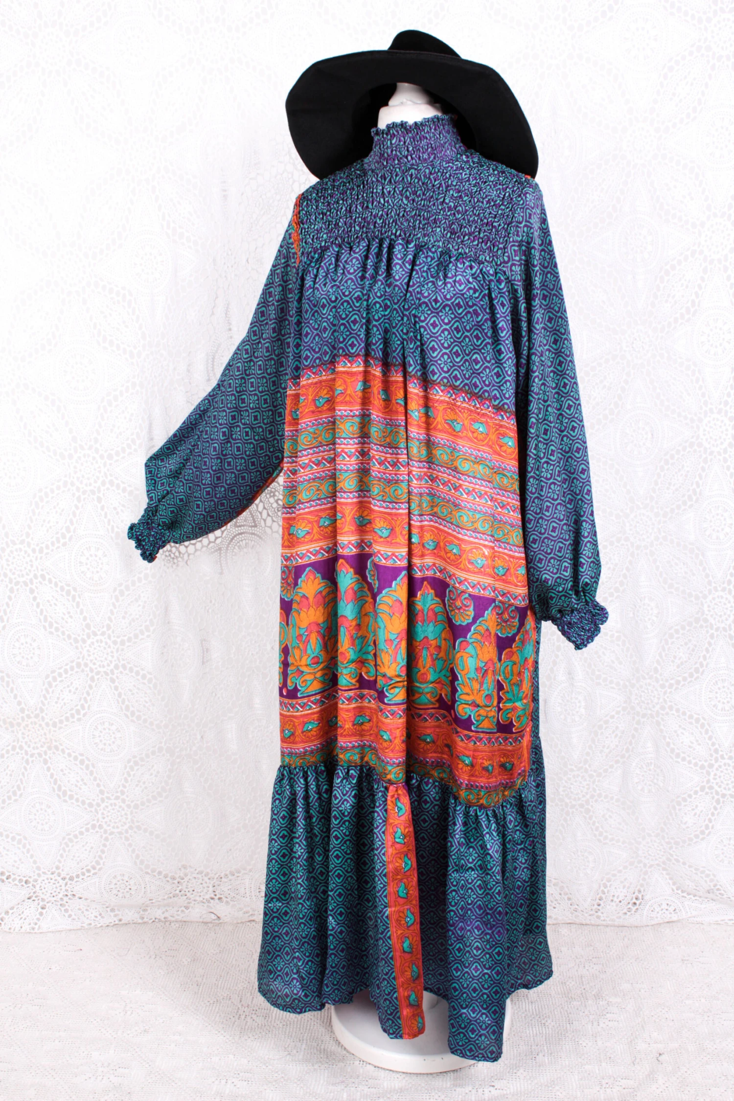 Mona Maxi Dress - Vintage Indian Sari - Violet, Turquoise & Peach Nouveau - Free Size 1 Mona Maxi Dress - Vintage Indian Sari - Violet, Turquoise & Peach Nouveau - Free Size