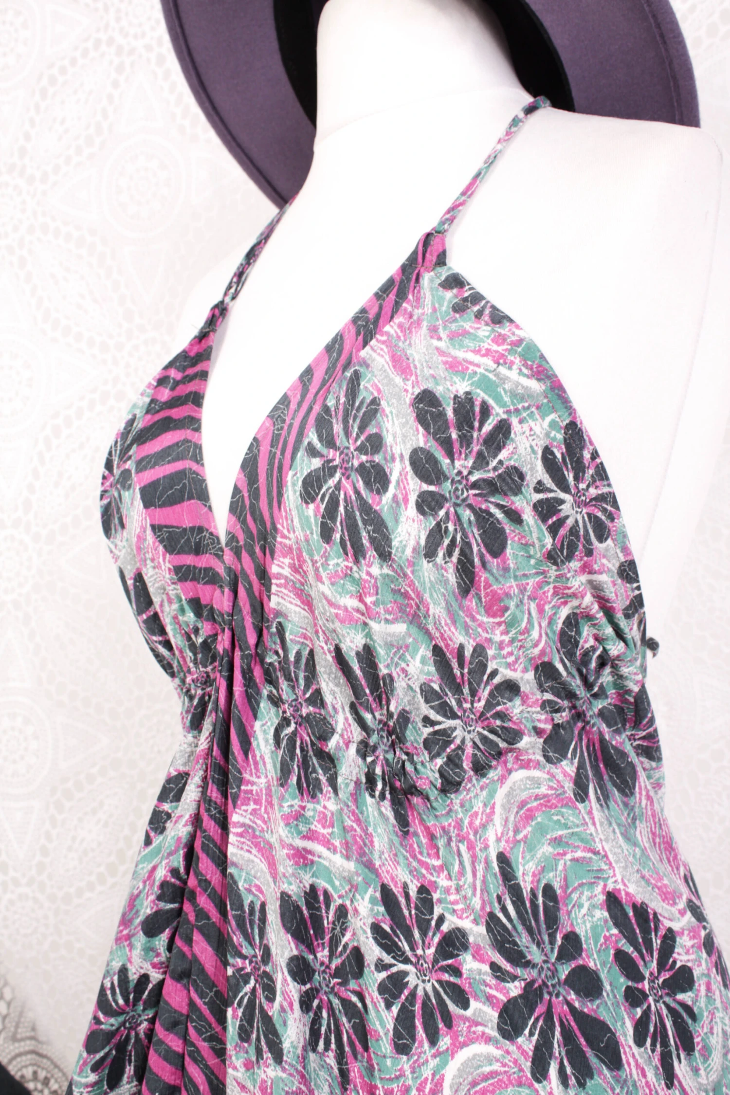 Blossom Maxi Halter Dress - Vintage Indian Sari - Graphite, Pink & Mint Floral - Free Size 4 Blossom Maxi Halter Dress - Vintage Indian Sari - Graphite, Pink & Mint Floral - Free Size - Image 4