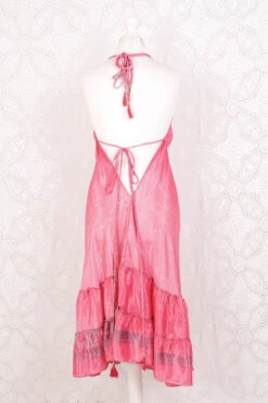 Blossom Mini Halter Dress - Vintage Indian Sari - Sweet Pink & Silver Print - XL -KIKIS Clothing Shop IMG 6614