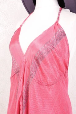Blossom Mini Halter Dress - Vintage Indian Sari - Sweet Pink & Silver Print - XL -KIKIS Clothing Shop IMG 6621