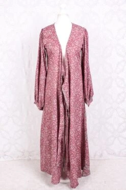 Lola Long Wrap Dress - Vintage Indian Sari - Mauve & Rosewood Pink Floral - S/M -KIKIS Clothing Shop IMG 6936 14ab9fab 52c1 405f b65c 06fe73a2140a