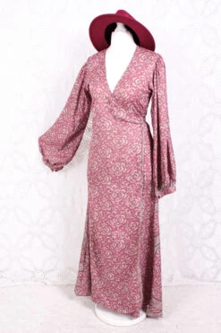 Lola Long Wrap Dress - Vintage Indian Sari - Mauve & Rosewood Pink Floral - S/M
