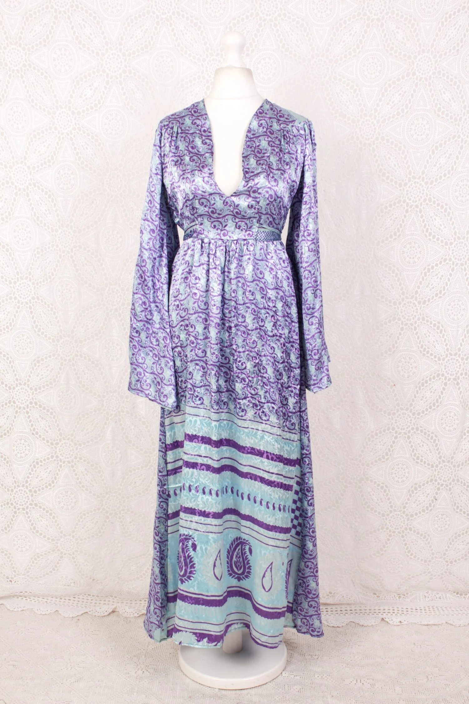 Stevie Maxi Dress - Vintage Indian Sari - Icy Blue & Violet Floral Shimmer - XS 2 Stevie Maxi Dress - Vintage Indian Sari - Icy Blue & Violet Floral Shimmer - XS - Image 2