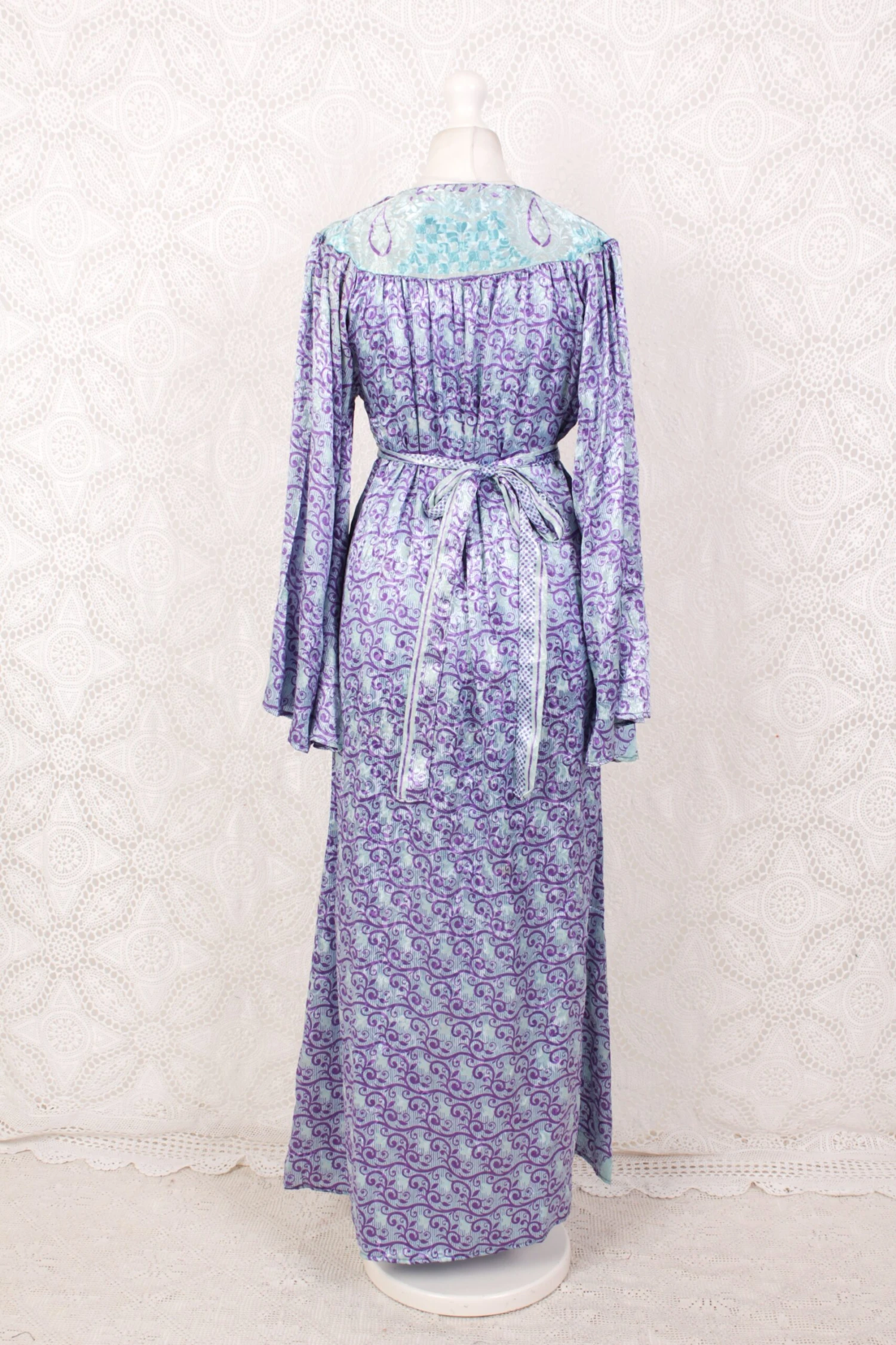 Stevie Maxi Dress - Vintage Indian Sari - Icy Blue & Violet Floral Shimmer - XS 4 Stevie Maxi Dress - Vintage Indian Sari - Icy Blue & Violet Floral Shimmer - XS - Image 4