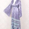 Stevie Maxi Dress - Vintage Indian Sari - Icy Blue & Violet Floral Shimmer - XS