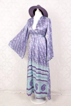 Stevie Maxi Dress - Vintage Indian Sari - Icy Blue & Violet Floral Shimmer - XS