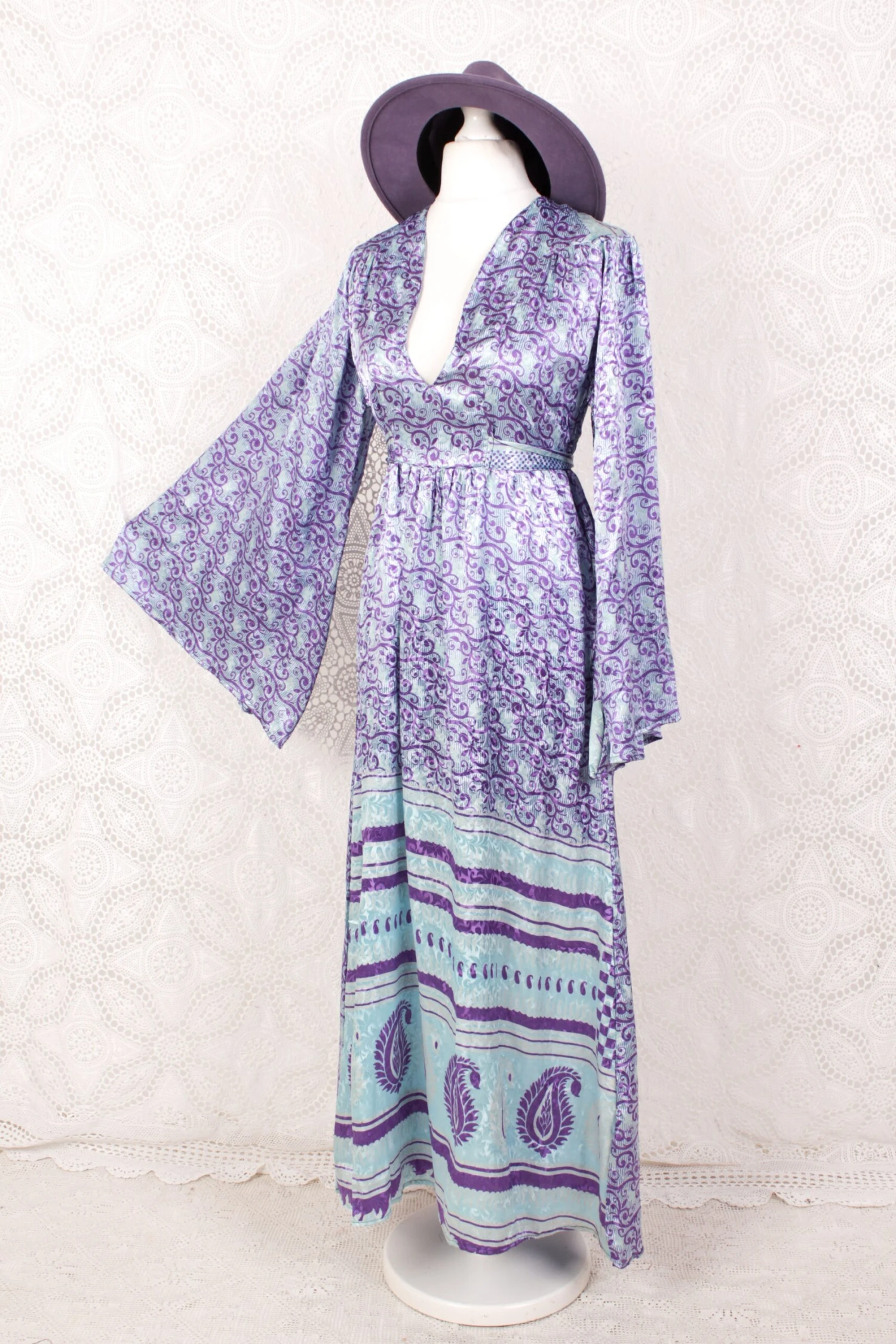 Stevie Maxi Dress - Vintage Indian Sari - Icy Blue & Violet Floral Shimmer - XS 1 Stevie Maxi Dress - Vintage Indian Sari - Icy Blue & Violet Floral Shimmer - XS