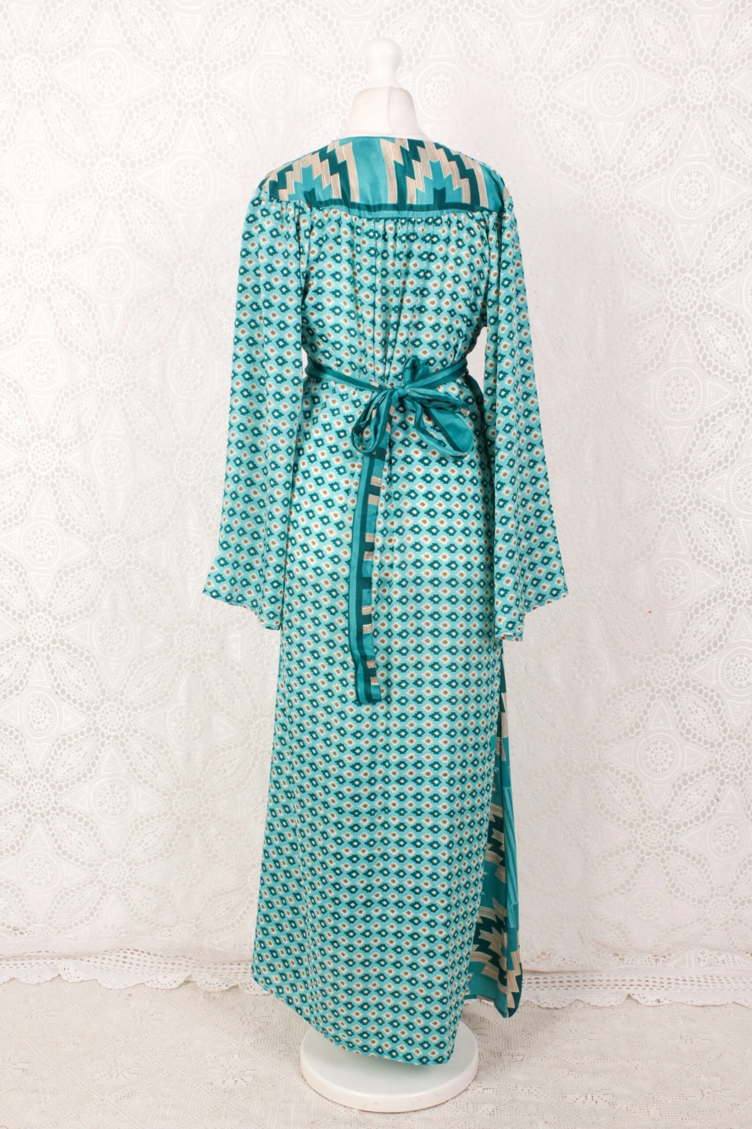 Stevie Maxi Dress - Vintage Indian Sari - Turquoise, Teal & Cream Graphic - XS 4 Stevie Maxi Dress - Vintage Indian Sari - Turquoise, Teal & Cream Graphic - XS - Image 4