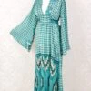 Stevie Maxi Dress - Vintage Indian Sari - Turquoise, Teal & Cream Graphic - XS