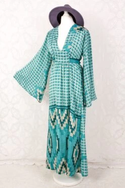 Stevie Maxi Dress - Vintage Indian Sari - Turquoise, Teal & Cream Graphic - XS