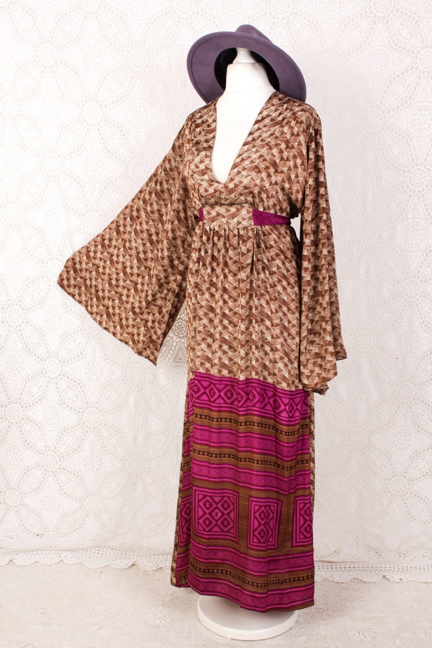 Stevie Maxi Dress - Vintage Indian Sari - Earth Tones & Crushed Blueberry - XL 1 Stevie Maxi Dress - Vintage Indian Sari - Earth Tones & Crushed Blueberry - XL