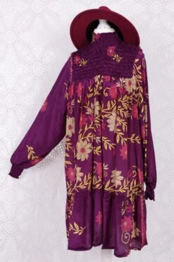 Mona Mini Dress - Vintage Indian Sari - Purple, Pink & Gold Floral - Free Size