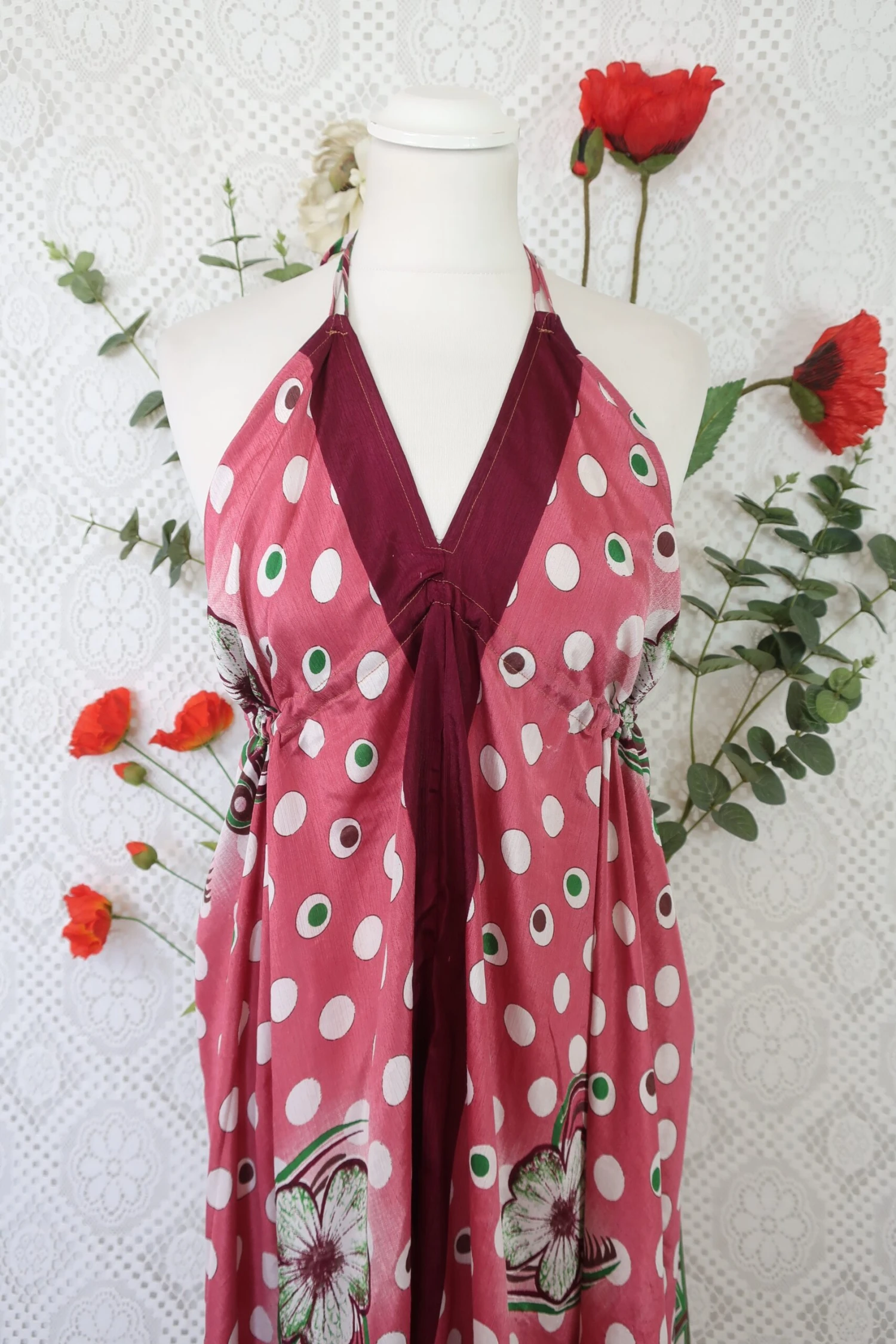 Medusa Halter Dress - Vintage Indian Sari - Rouge Blush & Aubergine Floral (Free Size) 4 Medusa Halter Dress - Vintage Indian Sari - Rouge Blush & Aubergine Floral (Free Size) - Image 4