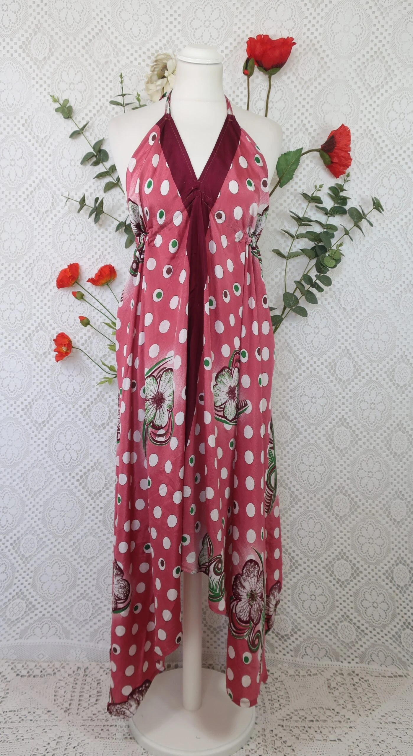 Medusa Halter Dress - Vintage Indian Sari - Rouge Blush & Aubergine Floral (Free Size) 2 Medusa Halter Dress - Vintage Indian Sari - Rouge Blush & Aubergine Floral (Free Size) - Image 2